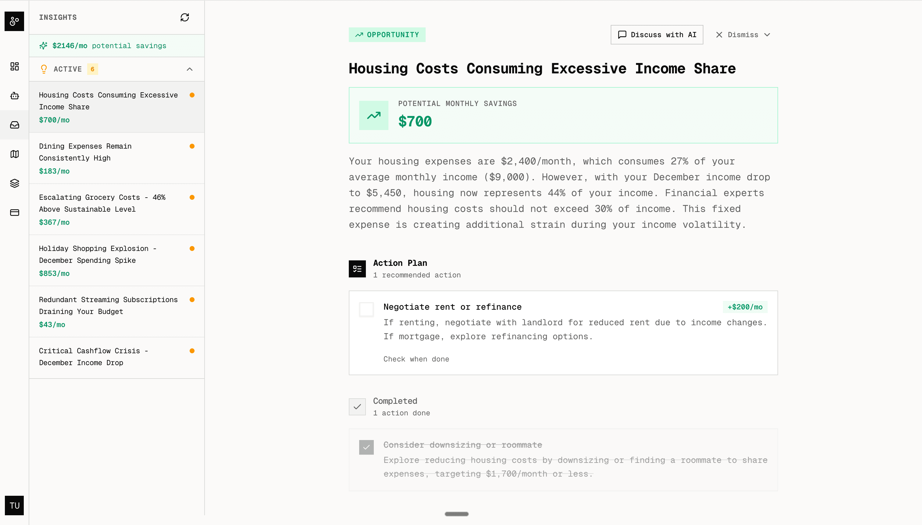 Insights panel with actionable recommendations and potential savings