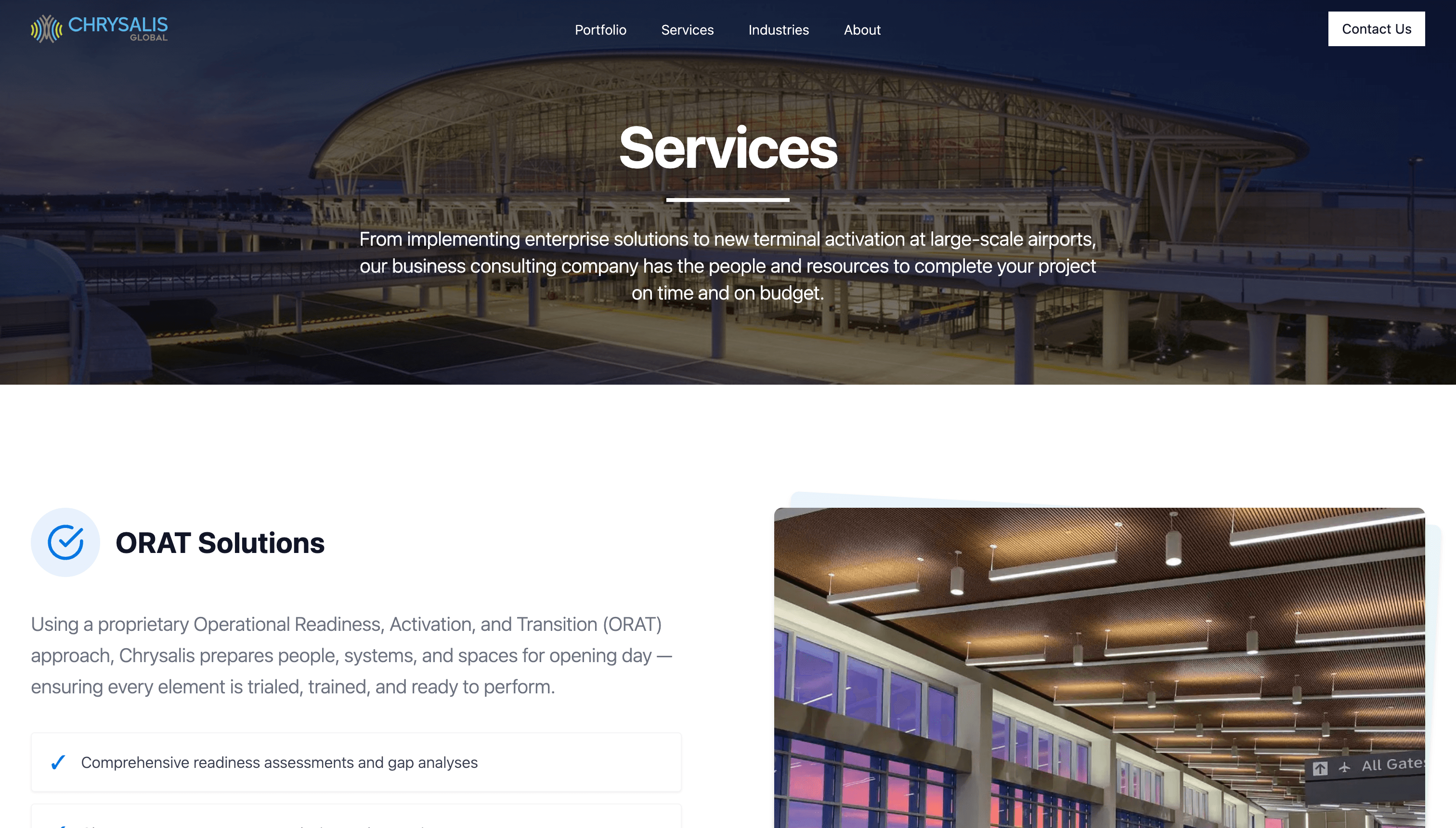 Services page highlighting Chrysalis Global's consulting offerings